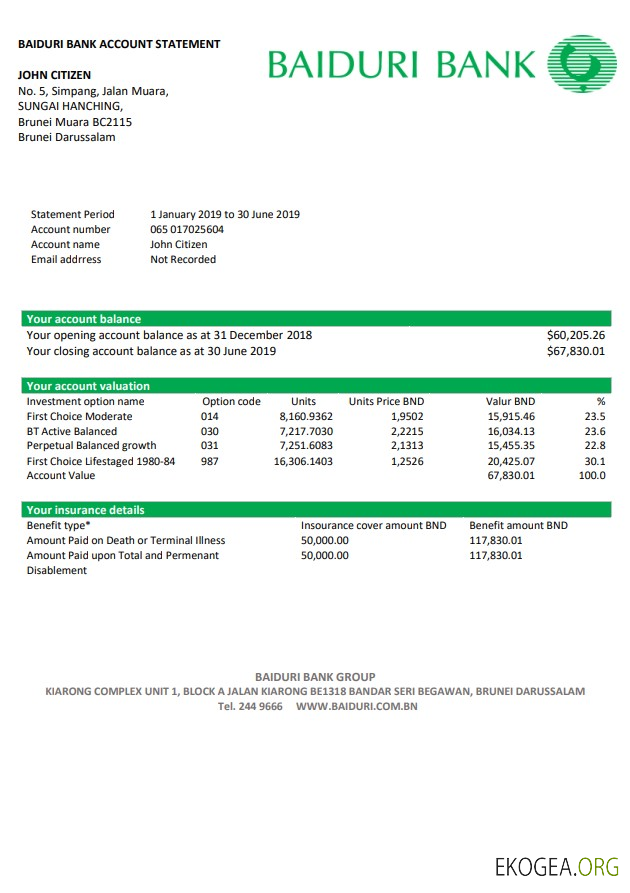 Relevé de la banque Brunei Baiduri